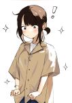  ! 1girl absurdres bakuza bracelet brown_hair brown_shirt douki-chan_(douki-chan) ganbare_douki-chan highres jewelry medium_hair oversized_clothes oversized_shirt shirt shirt_hold simple_background solo standing white_background wide_sleeves 