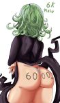  1girl ass back black_dress body_writing crossed_arms curly_hair cutiemachina dress green_hair one-punch_man panties simple_background solo tatsumaki thong underwear white_background white_panties 