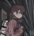  1girl backpack bag braid brown_eyes brown_hair brutal_vap closed_mouth commentary_request from_side highres light_blush long_hair long_sleeves looking_at_viewer looking_to_the_side madotsuki multicolored_clothes multicolored_scarf raised_eyebrows red_sweater scarf solo sweater train_station_platform upper_body yume_nikki 