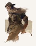  1boy belt black_gloves brown_hair brown_pants brown_scarf camouflage camouflage_jacket cropped_torso facial_hair from_side gloves jacket male_focus mature_male metal_gear_(series) metal_gear_solid_v:_the_phantom_pain mustache pants prosthesis prosthetic_arm scarf short_ponytail sideburns solo souyuu twitter_username venom_snake 