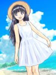  1girl :d bare_arms bare_shoulders beach blue_sky blunt_bangs clothes_lift cloud day dress dress_lift etou_ranze hat highres lifted_by_self long_hair looking_at_viewer mizumori_keiichi open_mouth outdoors purple_hair sand sky smile solo standing straight_hair tokimeki_tonight water white_dress yellow_headwear 