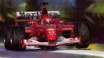  1boy artist_name bridgestone car dated ferrari formula_one gloves helmet highres jeffholy marlboro michael_schumacher motion_blur motor_vehicle race_vehicle racecar real_life red_gloves red_headwear shell_(company) solo spoiler_(automobile) vehicle_focus vodafone 