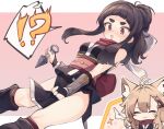  !? 2girls @_@ black_kimono blush bow bow_panties chibi closed_eyes closed_mouth covering covering_crotch dutch_angle groin hair_bow hair_bun holding holding_clothes holding_panties holding_underwear holding_weapon japanese_clothes kimono kunai kuranami_shiki multiple_girls natsuki_teru nekomiya_ryuu ninja nose_blush obi original panties panties_removed pelvic_curtain pink_background red_scarf sash scarf short_eyebrows sidelocks spoken_interrobang sweat thick_eyebrows two-tone_background underwear weapon white_background white_bow white_panties 