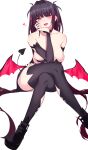  1girl :d absurdres bare_shoulders black_choker black_footwear black_hair black_sleeves black_thighhighs breasts choker collarbone crossed_legs demon_girl demon_tail demon_wings detached_sleeves elbow_rest fang hair_intakes hair_ribbon hand_on_own_leg head_rest head_tilt highres ichiki_1 large_breasts long_hair long_sleeves looking_at_viewer open_mouth original red_eyes red_ribbon revealing_clothes ribbon shoes simple_background sitting smile solo tail thighhighs twintails very_long_hair white_background wings 