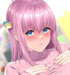  1girl blue_eyes blush bocchi_the_rock! breasts cube_hair_ornament gotoh_hitori hair_between_eyes hair_ornament jacket large_breasts long_hair long_sleeves looking_at_viewer one_side_up parted_lips pink_hair pink_jacket solo track_jacket zucchini 