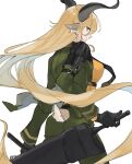  1girl absurdres animal_ears arknights blonde_hair breasts brown_eyes commentary degenbrecher_(arknights) facing_away goat_ears goat_girl goat_horns goat_tail green_jacket highres horns jacket large_breasts long_hair looking_at_viewer looking_back orange_shirt shirt sidelocks simple_background solo sword very_long_hair weapon white_background yakota_(usuk-yako) 