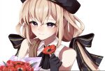  1girl amahara_nue ascot assault_lily bare_shoulders beret black_ascot black_gloves black_headwear black_ribbon blonde_hair blush bouquet closed_mouth collared_shirt crossed_bangs flower gloves hair_between_eyes hair_ribbon hand_up hat highres holding holding_flower light_smile long_hair looking_away low_twintails odaiba_girls_high_school_uniform purple_eyes red_flower ribbon school_uniform shirt shoulder_strap sidelocks simple_background solo striped striped_ribbon takehisa_nakaba twintails upper_body white_background white_shirt 