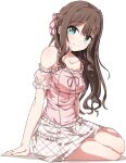  1girl absurdres alternate_costume arm_garter arm_support bare_legs blush breasts brown_hair green_eyes head_tilt highres idolmaster idolmaster_cinderella_girls looking_at_viewer medium_breasts pink_shirt shibuya_rin shirt simple_background sitting skirt smile solo white_background white_skirt yairo_ju yokozuwari 