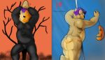  absurd_res anthro bear brown_body brown_fur butt clothing dancing fur hair halloween hi_res holidays looking_back male mammal notamo overweight overweight_male pole presenting presenting_hindquarters purple_hair solo stripper_pole underwear 