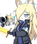  1other 2girls animal_ear_fluff animal_ears arknights armband armor black_bow black_coat black_jacket blemishine_(arknights) blonde_hair blue_archive blue_armband blue_eyes blue_halo blue_necktie blue_shirt bow coat collared_shirt commentary_request cropped_torso crossover doctor_(arknights) dog_ears extra_ears fur-trimmed_armor hair_over_one_eye halo hand_up highres holding holding_glowstick holding_sword holding_weapon hood hood_up hooded_coat hooded_jacket horse_ears horse_girl jacket kanna_(blue_archive) miyaoo1224 multiple_girls necktie police police_uniform policewoman sharp_teeth shirt simple_background sweatdrop sword teeth uniform upper_body weapon white_background 