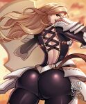  1girl armor ass ass_focus backless_outfit black_bodysuit blonde_hair bodysuit breasts brown_eyes criss-cross_straps cross-laced_clothes from_behind hakuramen holding holding_shield huge_ass jewelry kisara_(tales) looking_at_viewer shield shiny_clothes shoulder_armor skin_tight solo tales_of_(series) tales_of_arise thick_thighs thighs 