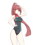  1girl alternate_costume black_one-piece_swimsuit breasts chest_jewel chirun0 commentary_request competition_swimsuit core_crystal_(xenoblade) cosplay covered_navel gem glimmer_(xenoblade) hairband hand_on_own_hip long_hair looking_at_viewer medium_breasts one-piece_swimsuit ponytail pyra_(pro_swimmer)_(xenoblade) pyra_(xenoblade) pyra_(xenoblade)_(cosplay) red_hair solo striped striped_one-piece_swimsuit swept_bangs swimsuit two-tone_hairband two-tone_swimsuit vertical-striped_one-piece_swimsuit vertical_stripes white_background xenoblade_chronicles_(series) xenoblade_chronicles_2 xenoblade_chronicles_3 xenoblade_chronicles_3:_future_redeemed 