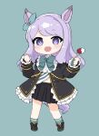  1girl :d animal_ears black_footwear black_jacket black_skirt blue_background blue_bow blue_ribbon blue_socks blush boots bow chibi commentary_request cream ear_ribbon food fork frilled_jacket frilled_sleeves frills fruit full_body highres holding holding_fork horse_ears horse_girl horse_tail jacket long_sleeves looking_at_viewer nozo_(hitomiz) pleated_skirt purple_eyes purple_hair ribbon short_eyebrows simple_background skirt sleeves_past_wrists smile socks solo standing strawberry swept_bangs tail teeth thick_eyebrows umamusume upper_teeth_only 