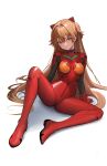  1girl blue_eyes bodysuit breasts brown_hair closed_mouth full_body gyunzai hairpods highres long_hair medium_breasts neon_genesis_evangelion plugsuit red_bodysuit simple_background sitting skin_tight solo souryuu_asuka_langley spread_legs thighs very_long_hair white_background 