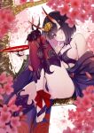  1girl absurdres alcohol ankle_ribbon bare_shoulders barefoot_sandals blush bob_cut breasts cherry_blossoms collarbone cup eyeliner fate/grand_order fate_(series) grin headpiece highres horns japanese_clothes kimono knee_up leg_ribbon long_sleeves looking_at_viewer makeup off_shoulder oni oni_horns purple_eyes purple_hair purple_kimono red_ribbon revealing_clothes ribbon sakazuki sake short_hair short_kimono shuten_douji_(fate) sitting skin-covered_horns small_breasts smile solo tree ura_illust wide_sleeves 