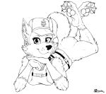  2021 anthro bottomless bottomless_anthro bottomless_female butt canid canine canis claws clothed clothing crossed_legs domestic_dog everest_(paw_patrol) female fur hands_on_chin hat headgear headwear inner_ear_fluff legs_up looking_at_viewer lying mammal marcushunter mouth_closed on_front paw_patrol paws raised_tail signature smile smiling_at_viewer solo tail toe_claws topwear tuft wide_eyed 