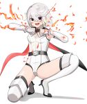  1girl :d absurdres awai_chitose belt black_belt boots breasts clenched_hands elbow_gloves eye_mask fire gloves grey_background grey_hair grey_leotard hands_up high_heel_boots high_heels highres leotard red_eyes shiny_skin short_hair shy_(character) shy_(series) simple_background small_breasts smile solo squatting teeth thigh_boots tongue 