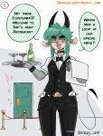  alcohol anthro beverage bovid bulge butler caprine choker comic dialogue first_person_view fur goat green_hair grey_body grey_fur hair hi_res horn horny_imp imp_(horny_imp) jewelry male male/male mammal necklace slim solo speech_bubble 