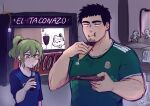  1boy 1girl alternate_costume cheek_bulge coca-cola drinking eating facial_hair food goatee green_shirt highres holding holding_food igarashi_futaba_(shiromanta) mature_male panqlao senpai_ga_uzai_kouhai_no_hanashi shiromanta_(character) shirt short_hair sideburns soccer_uniform sportswear stubble takeda_harumi_(shiromanta) thick_eyebrows toned toned_male upper_body 