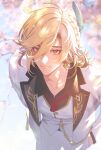  1boy blonde_hair closed_mouth feather_hair_ornament feathers formal genshin_impact hair_between_eyes hair_ornament hand_in_pocket kanapy kaveh_(genshin_impact) kaveh_(gigo)_(genshin_impact) long_sleeves looking_at_viewer male_focus medium_hair necktie pants red_eyes red_necktie solo tuxedo white_pants white_sleeves 