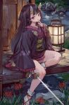  1girl absurdres bare_legs grimms_echoes hand_on_own_face highres hime_cut holding holding_weapon horns japanese_clothes kimono long_hair looking_at_viewer night on_floor onihime_(grimms_echoes) sandals suzuno_(bookshelf) sword weapon 