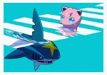  absurdres border closed_mouth commentary_request crosswalk green_background green_eyes highres jigglypuff no_humans pokemon pokemon_(creature) ripples saiku_(zvlku) sharpedo standing sweatdrop swimming water white_border 