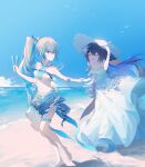  2girls :d ^_^ alternate_costume animal avioletfoxy barefoot beach bird blue_flower blue_hair blue_skirt blue_sky blue_theme breasts bronya_zaychik bronya_zaychik_(herrscher_of_truth) closed_eyes cloud couple dress drill_hair english_commentary flower food grey_hair hair_between_eyes hair_flower hair_ornament hand_on_headwear high_ponytail highres holding holding_food holding_hands holding_popsicle honkai_(series) honkai_impact_3rd multicolored_hair multiple_girls ocean open_mouth outdoors ponytail popsicle sand seele_vollerei single_drill skirt sky sleeveless small_breasts smile standing starfish streaked_hair thigh_strap white_dress yuri 