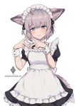  1girl absurdres ahoge alternate_costume animal_ear_fluff animal_ears apron arknights black_dress blue_eyes blush commentary_request cowboy_shot dot_nose dress enmaided fox_ears fox_girl fox_tail frilled_apron frilled_dress frills grey_hair hands_up heart heart_hands highres juliet_sleeves long_sleeves maid maid_apron maid_headdress nanatsuka originium_(arknights) oripathy_lesion_(arknights) puffy_short_sleeves puffy_sleeves short_sleeves solo sussurro_(arknights) sweatdrop tail white_apron wrist_cuffs 