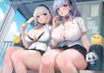  &gt;_&lt; 2girls azur_lane baozi black_bag black_bra black_choker black_hairband black_skirt blush bra breasts choker cleavage closed_mouth collared_shirt commentary_request copyright dido_(azur_lane) feet_out_of_frame food hair_ornament hairband highres holding holding_food holding_popsicle ipuu_(el-ane_koubou) large_breasts looking_at_viewer manjuu_(azur_lane) multiple_girls official_art open_mouth pleated_skirt popsicle purple_eyes red_eyes shirt short_sleeves sirius_(azur_lane) sitting skirt thick_thighs thighs underwear white_hair white_shirt 