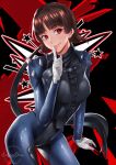  1girl absurdres black_background black_bodysuit blue_bodysuit bodysuit braid breasts brown_hair closed_mouth contrapposto crown_braid finger_to_mouth gloves highres index_finger_raised medium_breasts multicolored_background niijima_makoto persona persona_5 pixie_(pixieinktvis) red_background red_eyes short_hair shoulder_spikes smile solo spikes two-tone_bodysuit white_gloves 