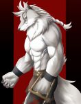 2023 5_fingers abs anthro assassin biceps canid canine canis chibikoma clothed clothing digital_drawing_(artwork) digital_media_(artwork) dire_wolf facial_markings feral fingers fluffy frown fur hair head_markings hi_res klaus_(world_flipper) looking_at_viewer male mammal markings muscular muscular_anthro muscular_male neck_tuft pecs ponytail portrait red_background red_eyes side_view simple_background solo tail three-quarter_portrait topless topless_male tuft weapon white_body white_fur white_hair white_tail world_flipper 