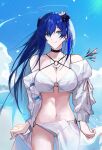  1girl absurdres arknights bikini black_choker blue_eyes blue_hair blue_sky choker closed_mouth cloud collarbone commentary day english_commentary highres horns long_hair long_sleeves looking_at_viewer mostima_(arknights) navel outdoors puffy_long_sleeves puffy_sleeves sky smile solo standing swimsuit very_long_hair white_bikini yuki_flourish 