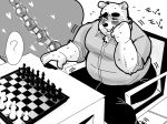  2023 anthro bear belly big_belly blush bottomwear chair chess chess_board chess_piece clothing devour1129 furniture hi_res japanese_text kemono male mammal overweight overweight_male pants question_mark sex_toy shirt sitting text topwear 