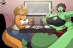  2022 4_arms ahoge anthro apode arm_on_table artist_logo big_breasts big_tail black_clothing black_hair black_topwear bottomwear breasts chair cheek_tuft chrisandcompany cleavage cleavage_cutout clothed clothing collarbone container cup daryl_vecat denim denim_clothing detailed_background digital_drawing_(artwork) digital_media_(artwork) domestic_cat draconcopode drinking_glass duo eating eating_pizza eyelashes eyes_closed facial_tuft felid feline felis female female/female food fur furniture glass glass_container glass_cup green_body green_eyes hair holding_food holding_object holding_pizza holding_straw inside jeans legless light logo long_hair looking_at_another mammal midriff multi_arm multi_limb multicolored_hair naga on_chair open_mouth open_smile orange_body orange_fur pants pizza pizza_slice plate red_bottomwear red_clothing red_hair reptile restaurant sakaki_(naga) scalie serpentine shaded shirt sitting sitting_on_chair smile snake straw table tail tail_around_leg teeth topwear tuft two_tone_hair watermark white_clothing white_shirt white_topwear 