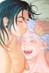  2boys :d bed_sheet black_hair blue_eyes closed_mouth colored_eyelashes ear_piercing gegoporn getou_suguru gojou_satoru hand_on_another&#039;s_head highres jujutsu_kaisen kiss kissing_forehead looking_at_another male_focus multiple_boys on_bed one_eye_closed open_mouth piercing portrait sharp_teeth simple_background smile teeth topless_male white_hair yaoi 