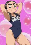  1girl armpits black_hair blush_stickers breasts bubble character_request closed_mouth groin haruyama_kazunori long_hair looking_at_viewer one-piece_swimsuit smile solo swimsuit thick_eyebrows 