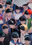  4girls 6+boys arm_up black_hair blonde_hair blue_suit bowl_cut buttons camera character_mask character_request formal green_hair grey_hair grey_suit hanazawa_teruki highres holding holding_camera holding_map holding_umbrella index_fingers_raised kageyama_ritsu kageyama_shigeo konchiolin long_hair map mask medium_hair mezato_ichi mob_psycho_100 multiple_boys multiple_girls purple_hair red_hair reigen_arataka sailor_collar school_uniform serizawa_katsuya shirt short_hair smile spiked_hair suit suzuki_shou takane_tsubomi umbrella white_shirt 