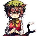  1girl :d animal_ears bow bowtie breasts brown_hair cat_ears cat_tail chen commentary_request extra_ears half-closed_eyes hat highres long_sleeves looking_at_viewer mob_cap multiple_tails nekomata own_hands_together parted_lips piaki pointy_ears red_vest sanpaku simple_background slit_pupils small_breasts smile solo straight-on tail touhou two_tails upper_body vest white_background yellow_bow yellow_bowtie 