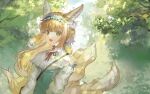  1girl :d animal_ears arknights blonde_hair blue_dress blue_hairband dress fox_ears fox_girl fox_tail frilled_hairband frills green_eyes hairband highres long_hair long_sleeves multicolored_hair multiple_tails neck_ribbon neumo official_alternate_costume open_mouth outdoors red_ribbon ribbon sidelocks smile solo streaked_hair suzuran_(arknights) suzuran_(spring_praise)_(arknights) tail tree upper_body 