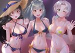  3girls bed bedroom bikini black_bikini black_hair breasts brown_eyes choukai_(kancolle) collarbone floral_print front-tie_bikini_top front-tie_top green_eyes green_hair grey_hair hair_ribbon hand_on_another&#039;s_shoulder hat highres indoors izumikuma kantai_collection kinugasa_(kancolle) large_breasts long_hair looking_at_viewer multiple_girls navel official_alternate_costume one_eye_closed open_mouth print_bikini red_eyes ribbon round_teeth side-tie_bikini_bottom small_breasts smile straw_hat striped striped_bikini sun_hat swimsuit teeth upper_teeth_only vertical-striped_bikini vertical_stripes very_long_hair white_ribbon yuubari_(kancolle) yuubari_kai_ni_(kancolle) 