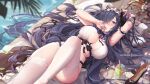  1girl august_von_parseval_(azur_lane) azur_lane bikini black_hair breasts cat_ear_hairband commentary curled_horns drink english_commentary hair_over_one_eye high_heels horns large_breasts lemonade mechanical_horns mitsu_(mitsu_art) non-humanoid_robot pillow pool robot robot_dragon swimsuit thick_thighs thighhighs thighs white_bikini white_thighhighs 