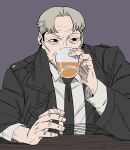  1boy beer_glass black_coat black_necktie chainsaw_man cigarette coat collared_shirt drinking facial_hair formal grey_background grey_hair highres holding holding_cigarette kishibe_(chainsaw_man) looking_to_the_side necktie shirt short_hair shunsuke_(narunaru37101) simple_background solo stubble suit undercut white_shirt 