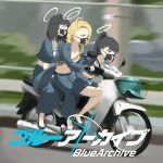  3girls absurdres black_hair black_mask blonde_hair blue_archive blurry blurry_background copyright_name cropped_shirt driving english_commentary fingerless_gloves gloves halo highres logo looking_ahead mask motor_vehicle motorcycle mouth_mask multiple_girls outdoors ponytail school_uniform serafuku sukeban_(mg)_(blue_archive) sukeban_(smg)_(blue_archive) sukeban_(sr)_(blue_archive) x ziz_(pandora707) 