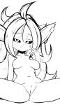  1girl ahoge alternate_species android_21 arm_support breasts breasts_apart closed_mouth collarbone commentary completely_nude dragon_ball dragon_ball_fighterz earrings english_commentary fir3born greyscale half-closed_eyes hand_to_own_mouth hand_up happy highres jewelry league_of_legends leaning_back long_hair looking_at_viewer majin_android_21 medium_breasts monochrome navel no_nipples notched_ear nude parted_bangs pointy_ears presenting pussy sidelocks simple_background sitting sketch smile solo split_mouth spread_legs stomach thighs uncensored white_background yordle 