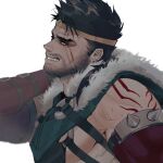  1boy arm_tattoo bara black_hair draven earrings facial_hair fur_trim green_eyes jewelry large_pectorals league_of_legends mag_cora_imparo male_focus muscular muscular_male pectorals short_hair simple_background smile solo spiked_hair spikes tattoo teeth white_background 