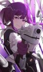  1girl absurdres aiming_at_viewer black_shorts bullet closed_mouth glass_shards gloves gun highres holding holding_gun holding_weapon honkai:_star_rail honkai_(series) kafka_(honkai:_star_rail) light_blush long_sleeves looking_at_viewer purple_eyes purple_gloves purple_hair shirt shorts solo weapon white_shirt yellow_glasses_(odivichno) 