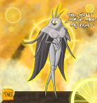  6_arms anthro arthropod cape clothing deity dialogue dream female fur glowing glowing_eyes halo hi_res hollow_knight insect insect_wings lepidopteran lepidopteran_wings moth multi_arm multi_limb nude radiance_(hollow_knight) solo sun team_cherry text the_nameless_guy white_body white_fur wings yellow_eyes 