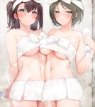  2girls arm_around_back arms_behind_back asymmetrical_docking black_eyes blurry blurry_background blush breast_press breasts brown_hair closed_mouth commentary_request cowboy_shot depth_of_field fed_(giba) green_eyes green_hair hand_up highres indoors large_breasts long_hair looking_at_viewer multiple_girls naked_towel navel original short_hair smile stomach towel towel_on_head wet 
