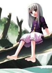  1girl ascot barefoot collared_shirt fate/stay_night fate_(series) feet forest frilled_skirt frills full_body illyasviel_von_einzbern kaze_shibuki long_hair nature open_mouth outdoors purple_shirt red_eyes river shirt sitting skirt sleeves_rolled_up smile solo tree water white_hair 
