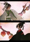  2boys artist_name bishounen black_coat black_hair black_headwear bow chinese_lantern_(plant) closed_mouth coat commentary dated hair_bow hakutaku_(hoozuki_no_reitetsu) hat hoozuki_(hoozuki_no_reitetsu) hoozuki_no_reitetsu horns japanese_clothes kanon_(rsl) kariginu kimono male_focus multiple_boys pointy_ears profile red_kimono short_hair single_horn skin-covered_horns sleeves_past_fingers sleeves_past_wrists smile symbol-only_commentary tate_eboshi upper_body white_bow white_kimono wide_sleeves 